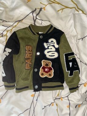 Embroidered Teddy Varsity Jacket in Olive & Black